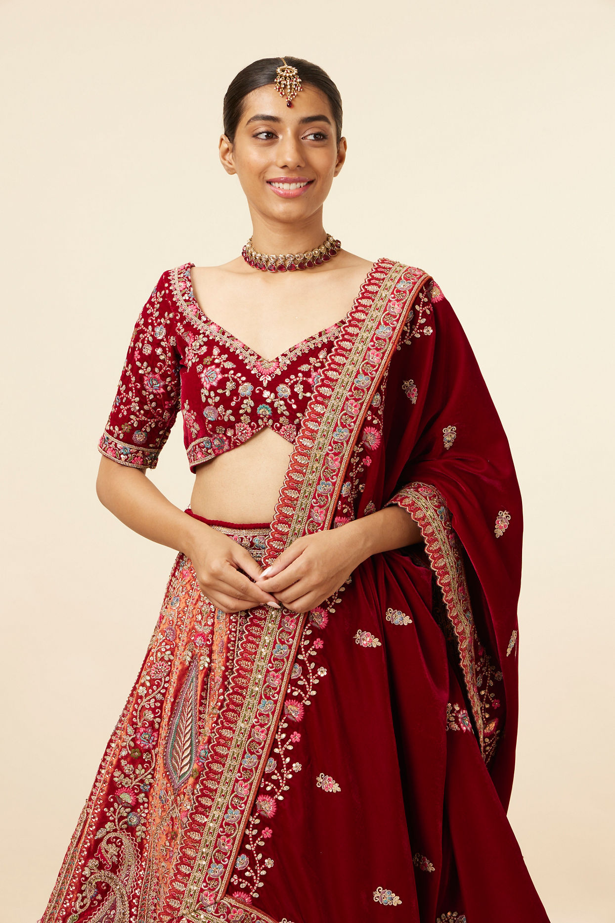 Mustard Red Embroidered Bridal Lehenga image number 1